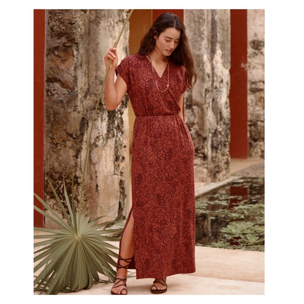 Garnet Hill Brown Leaf Print Shelby Knit Maxi Dress Sz.S